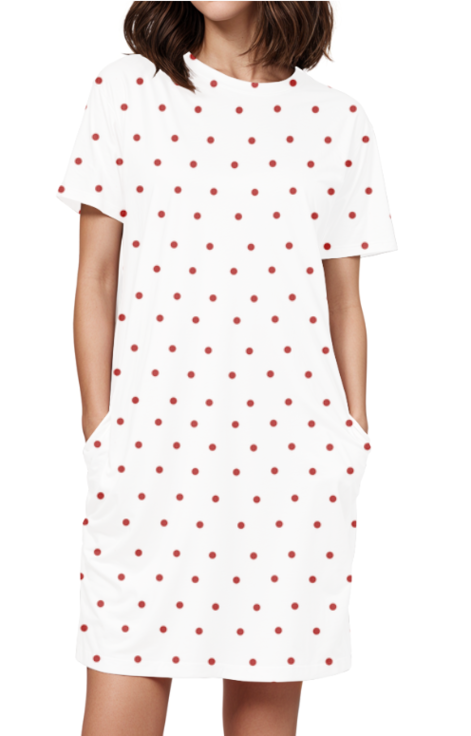 T-Shirt Dress with Pocket - Red Polka Dots