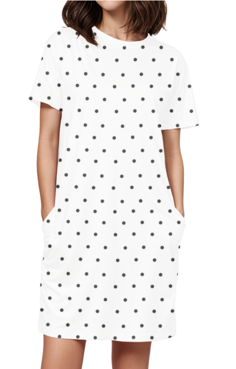 T-Shirt Dress with Pocket - Black Polka Dots